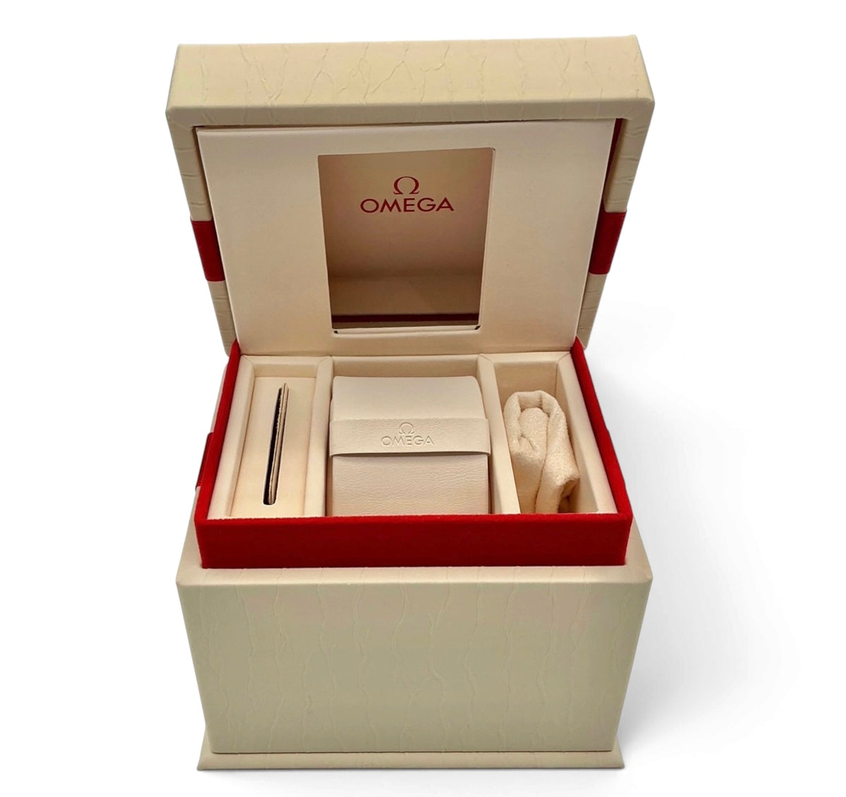 Genuine 2017 Omega De Ville Ladies Watch Box Set – Vertical Style Outer White Box