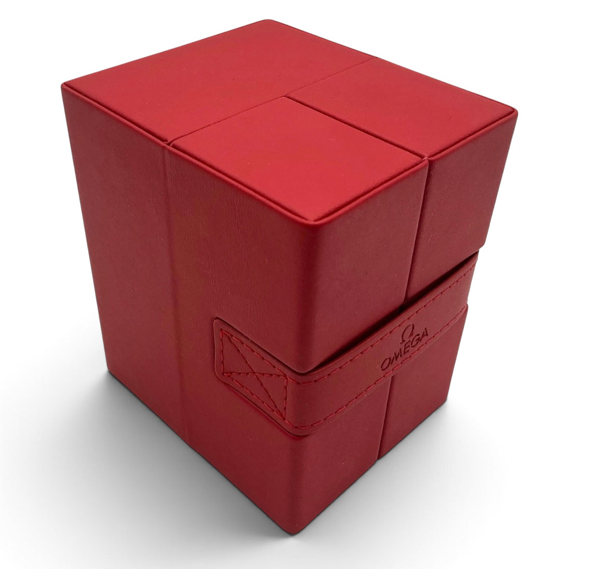 Genuine Omega Red Cube Faux Leather Watch Travel Case – Complete Set with Sleeve