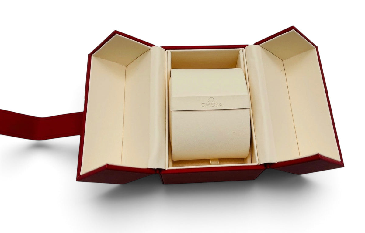 Genuine Omega Red Cube Faux Leather Watch Travel Case – Complete Set with Sleeve