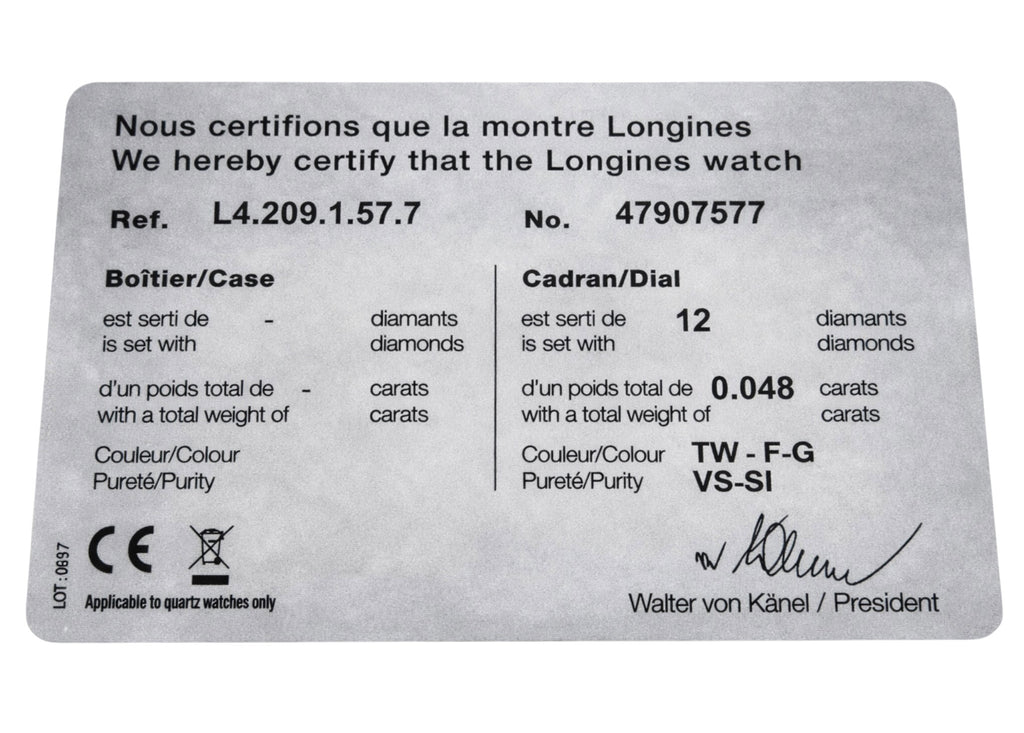 Genuine Longines Diamond Certificate Card – Watch Reference L4.209.1.57.7 – Used