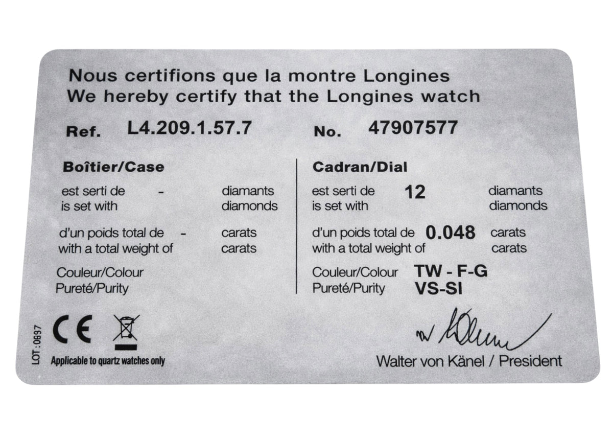 Genuine Longines Diamond Certificate Card – Watch Reference L4.209.1.57.7 – Used