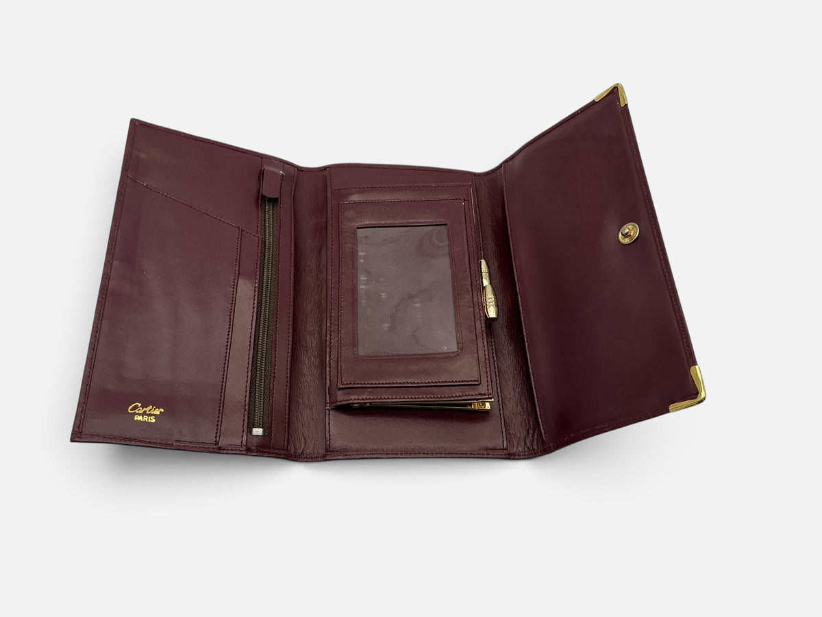 Cartier Paris Burgundy Leather Trifold Wallet Gold Corners Double‑C Logo Vintage
