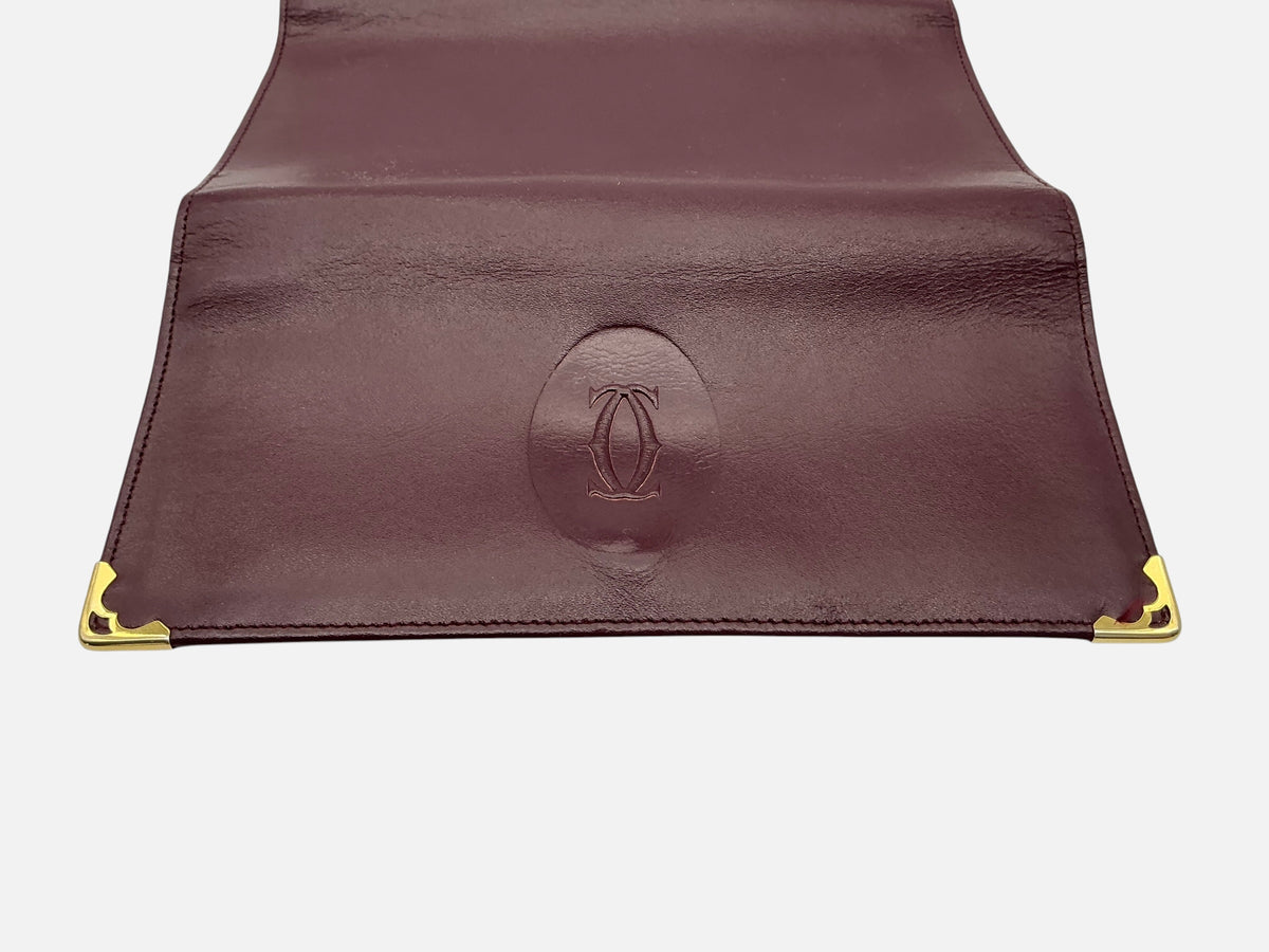 Cartier Paris Burgundy Leather Trifold Wallet Gold Corners Double‑C Logo Vintage