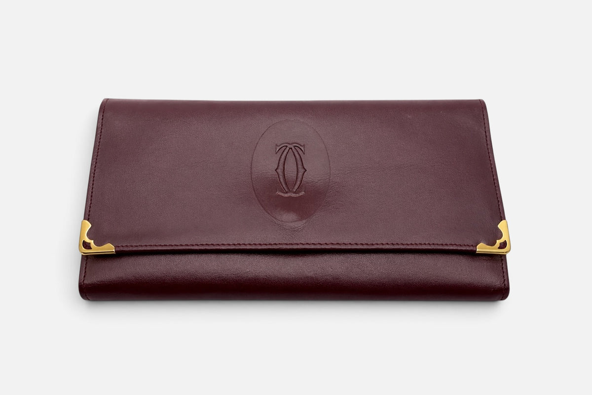 Cartier Paris Burgundy Leather Trifold Wallet Gold Corners Double‑C Logo Vintage