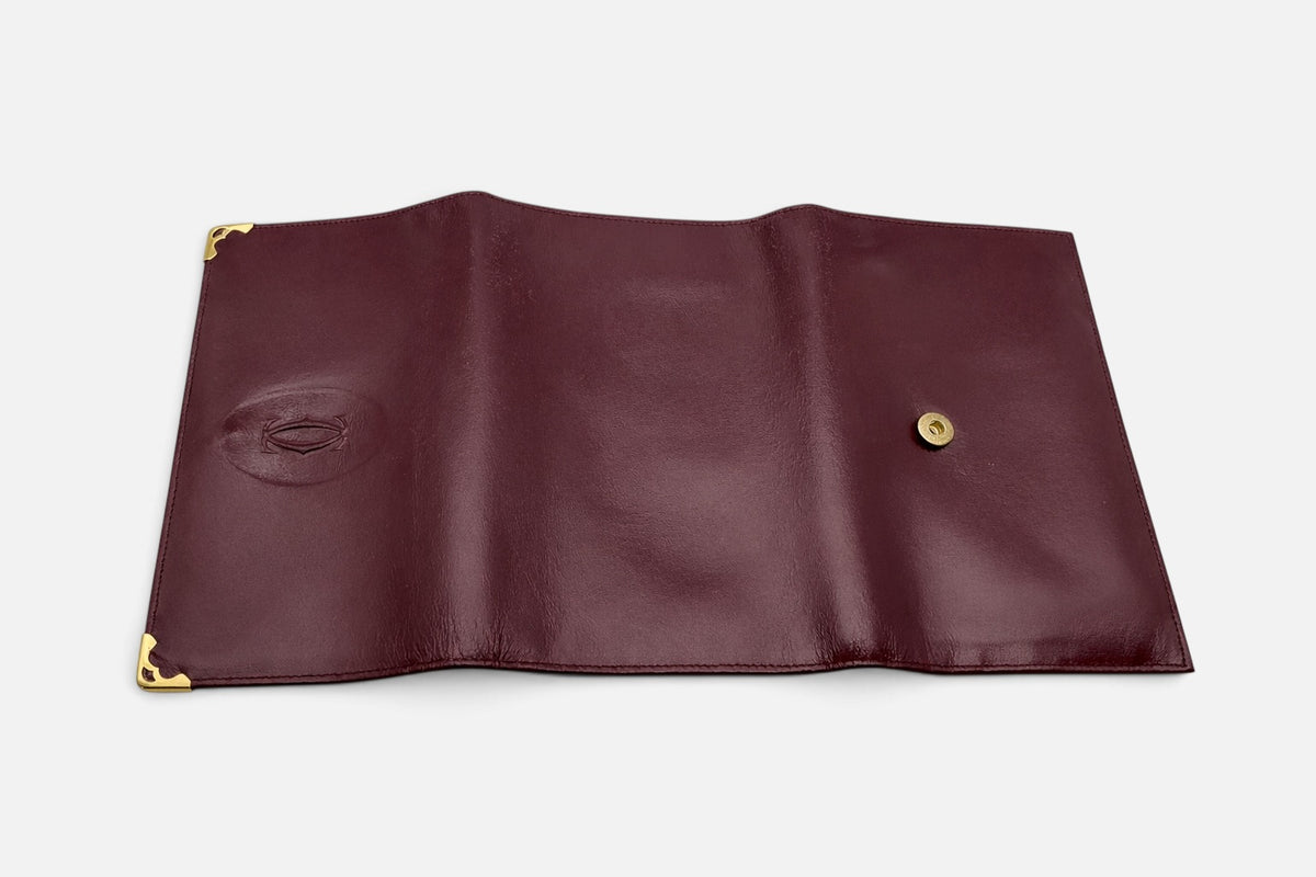 Cartier Paris Burgundy Leather Trifold Wallet Gold Corners Double‑C Logo Vintage