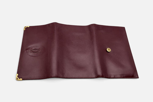 Cartier Paris Burgundy Leather Trifold Wallet Gold Corners Double‑C Logo Vintage