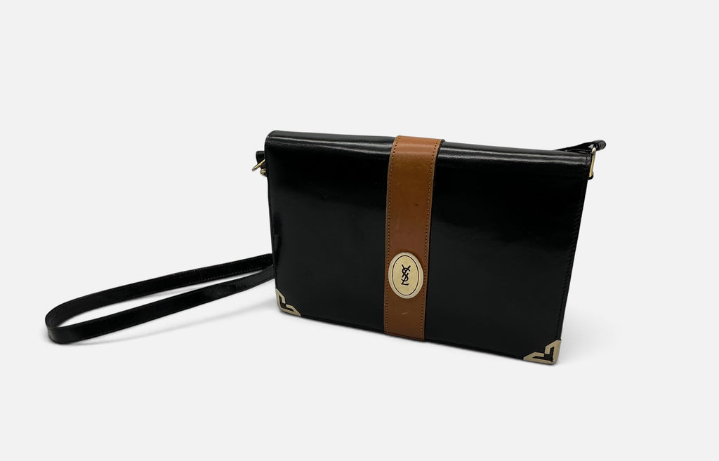 YSL Vintage Leather Envelope Crossbody Handbag – Black Patent & Tan – Medallion