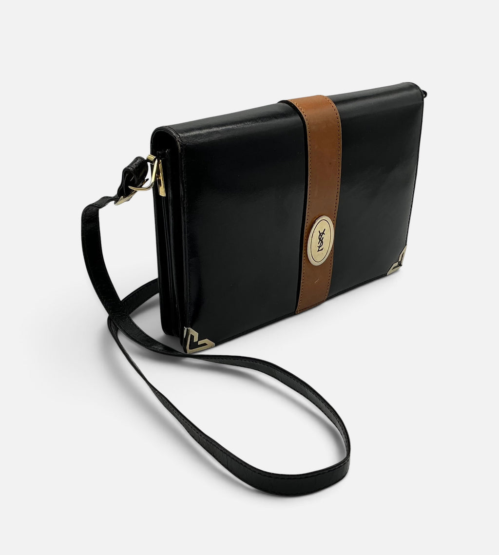 YSL Vintage Leather Envelope Crossbody Handbag – Black Patent & Tan – Medallion