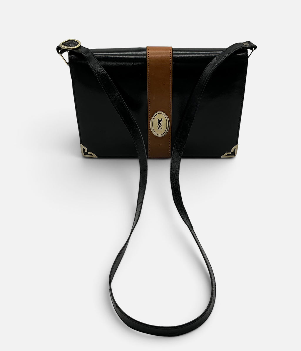 YSL Vintage Leather Envelope Crossbody Handbag – Black Patent & Tan – Medallion