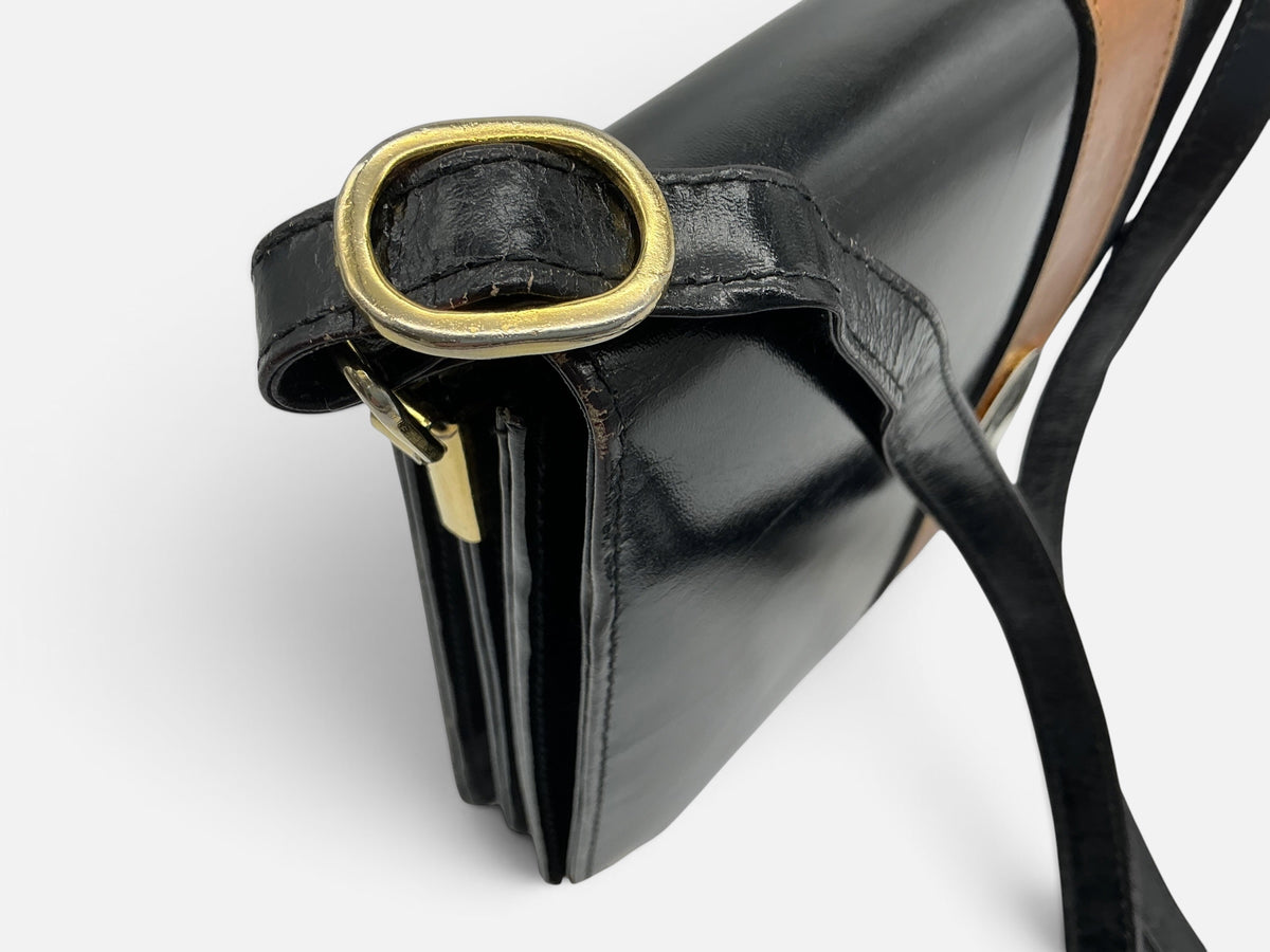 YSL Vintage Leather Envelope Crossbody Handbag – Black Patent & Tan – Medallion