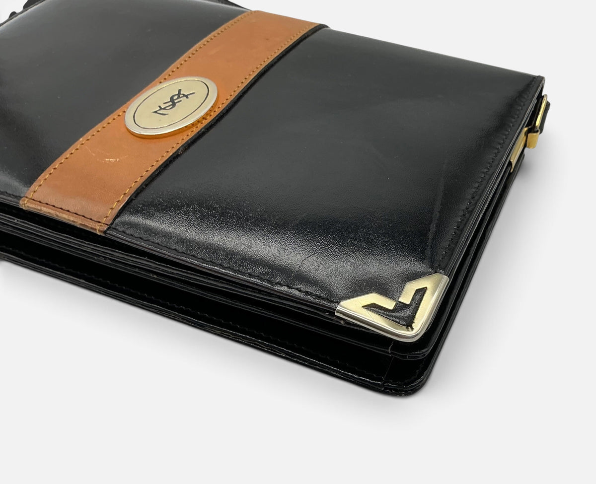 YSL Vintage Leather Envelope Crossbody Handbag – Black Patent & Tan – Medallion