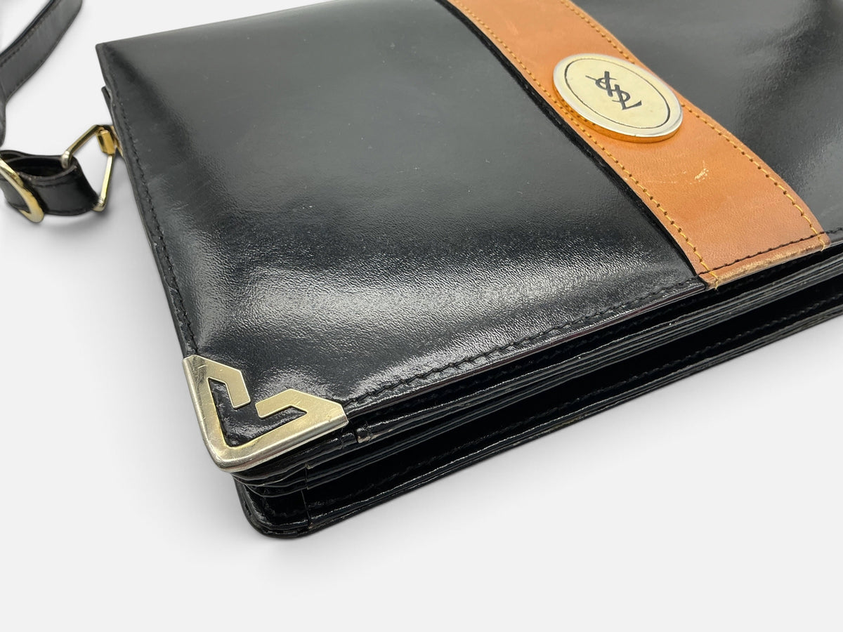 YSL Vintage Leather Envelope Crossbody Handbag – Black Patent & Tan – Medallion