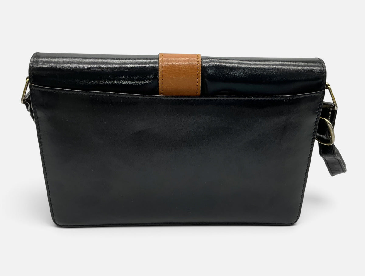 YSL Vintage Leather Envelope Crossbody Handbag – Black Patent & Tan – Medallion