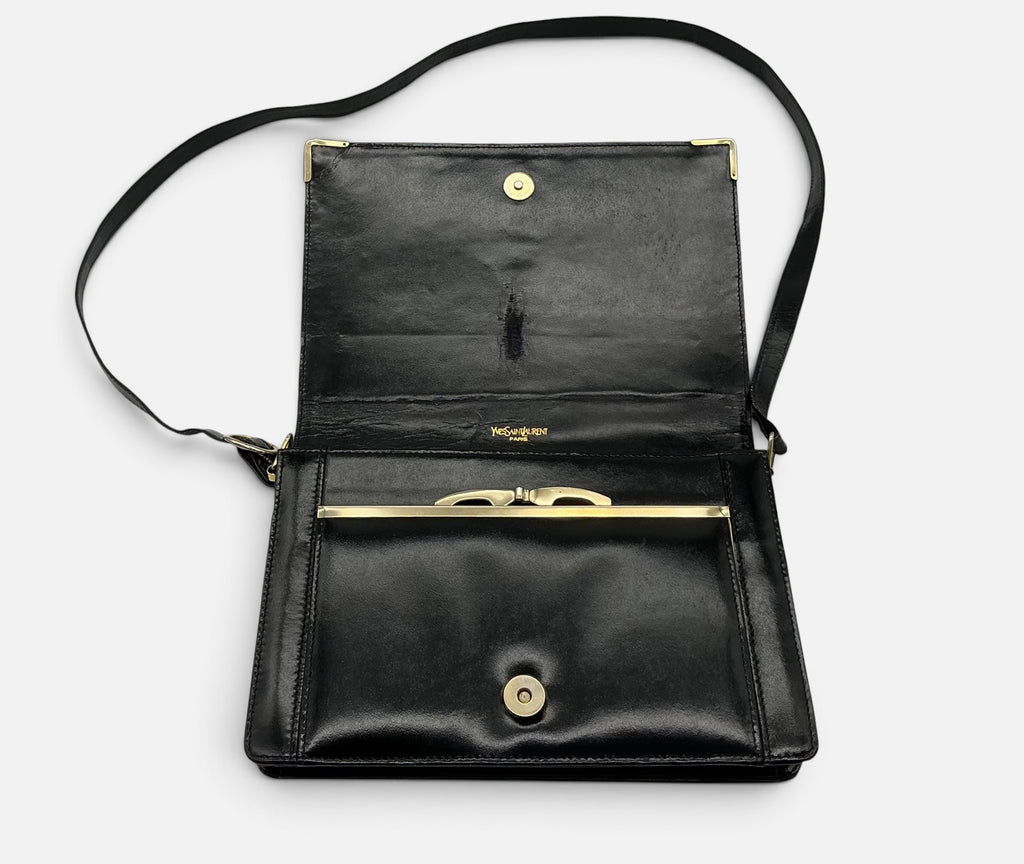 YSL Vintage Leather Envelope Crossbody Handbag – Black Patent & Tan – Medallion