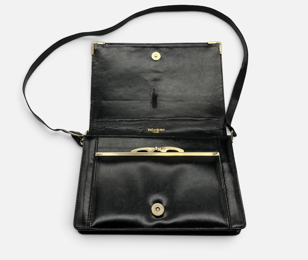 YSL Vintage Leather Envelope Crossbody Handbag – Black Patent & Tan – Medallion