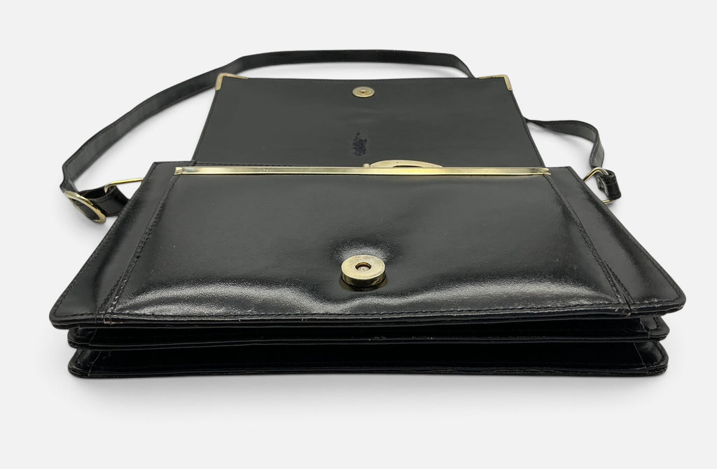 YSL Vintage Leather Envelope Crossbody Handbag – Black Patent & Tan – Medallion