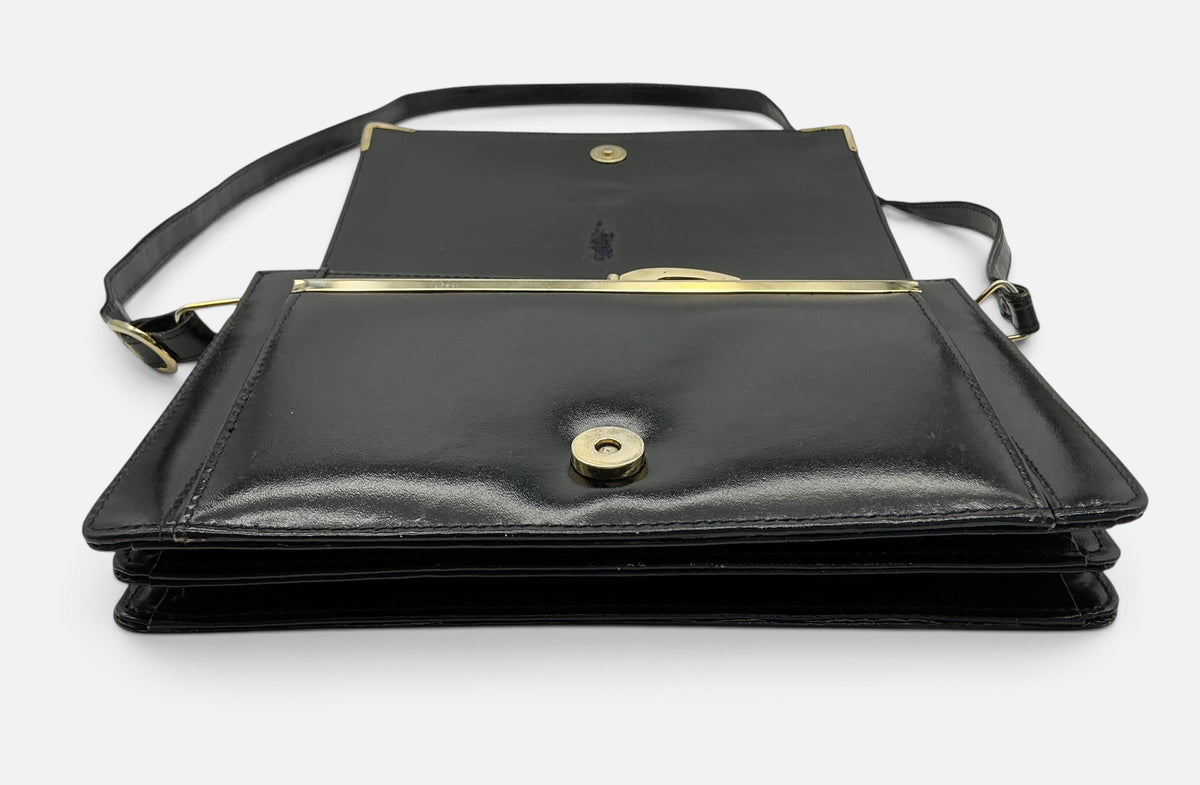 YSL Vintage Leather Envelope Crossbody Handbag – Black Patent & Tan – Medallion