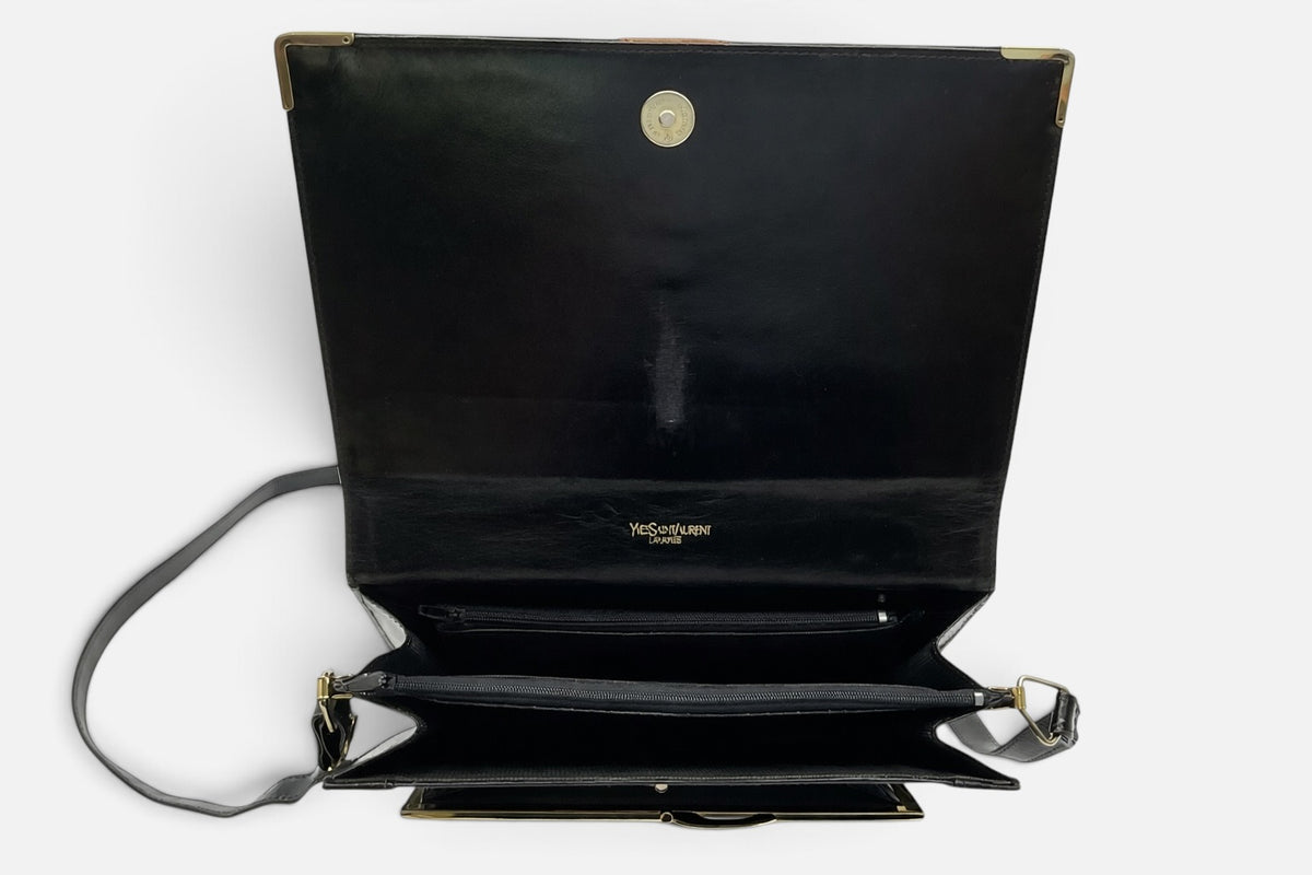 YSL Vintage Leather Envelope Crossbody Handbag – Black Patent & Tan – Medallion