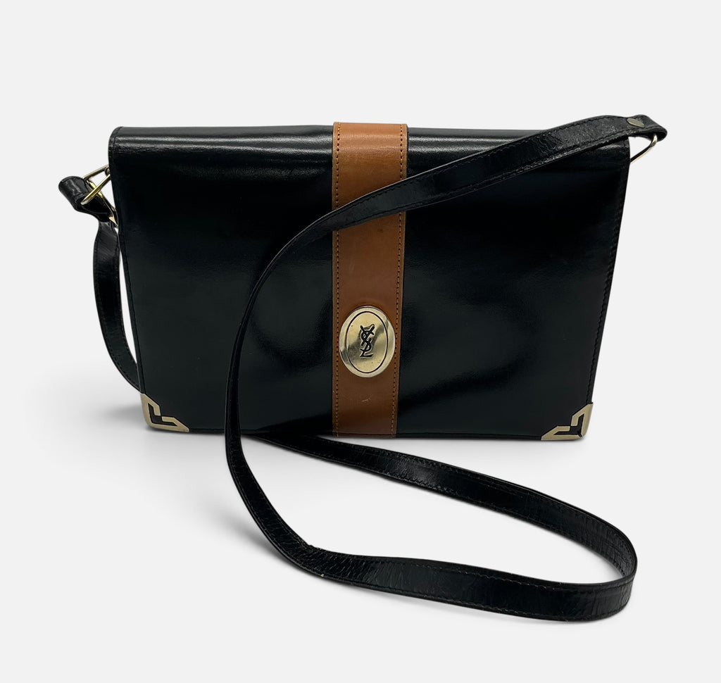 YSL Vintage Leather Envelope Crossbody Handbag – Black Patent & Tan – Medallion