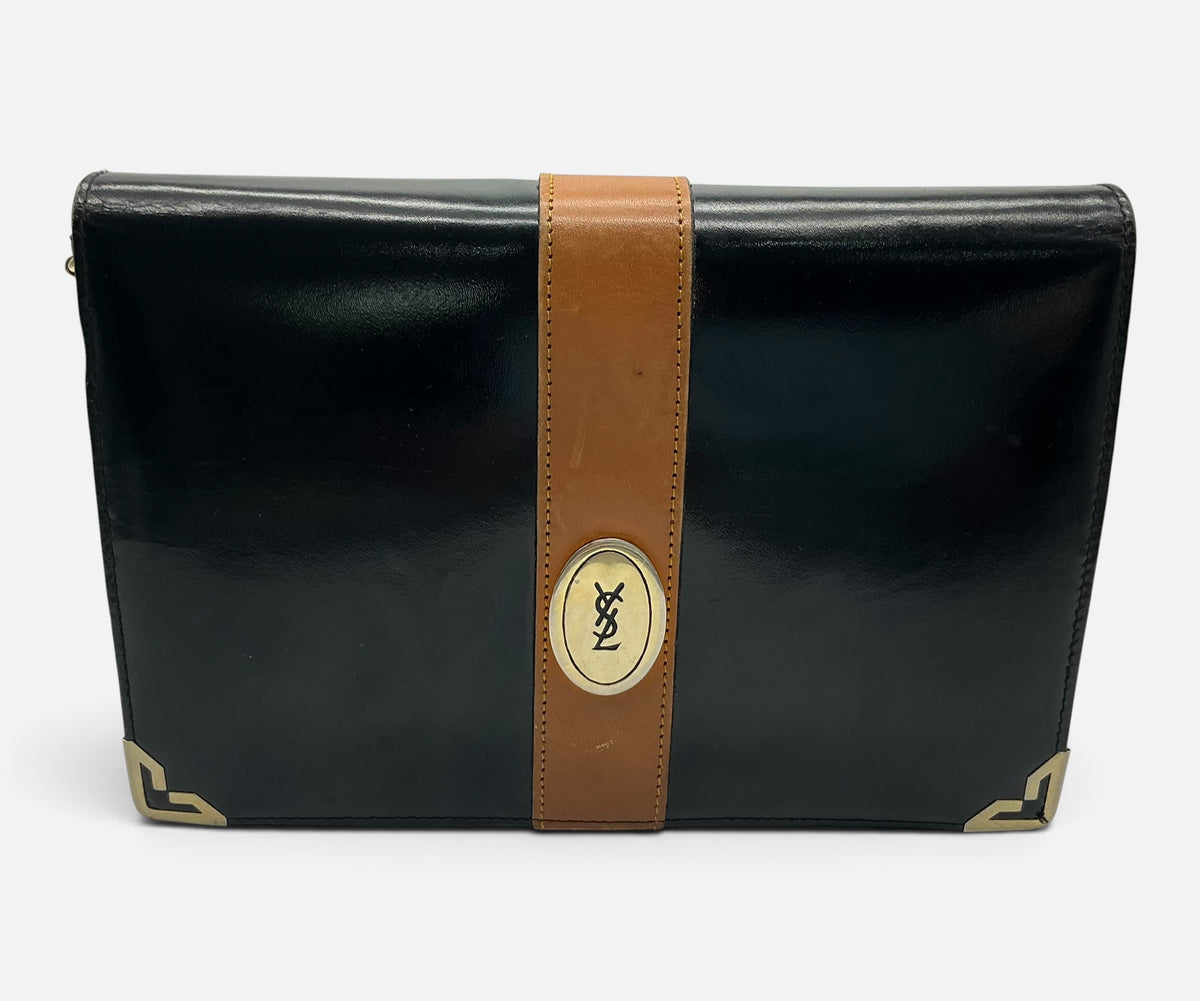 YSL Vintage Leather Envelope Crossbody Handbag – Black Patent & Tan – Medallion