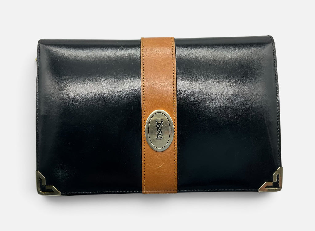 YSL Vintage Leather Envelope Crossbody Handbag – Black Patent & Tan – Medallion