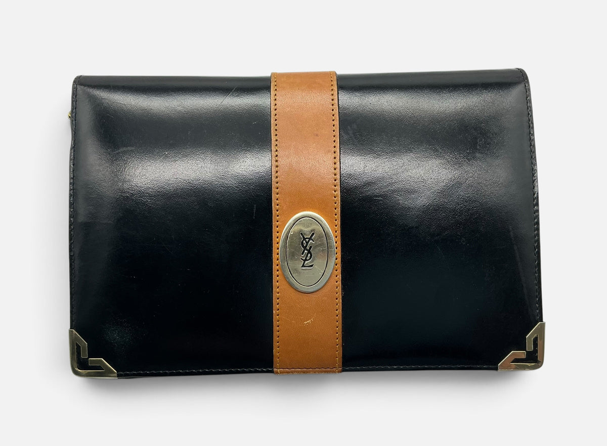 YSL Vintage Leather Envelope Crossbody Handbag – Black Patent & Tan – Medallion