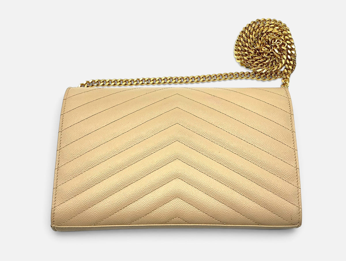 Saint Laurent YSL Cassandre Chain Wallet / Shoulder Bag Grain de Poudre Leather Dark Beige 2022