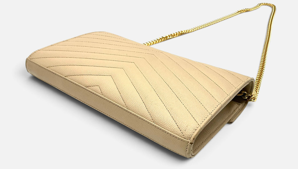 Saint Laurent YSL Cassandre Chain Wallet / Shoulder Bag Grain de Poudre Leather Dark Beige 2022