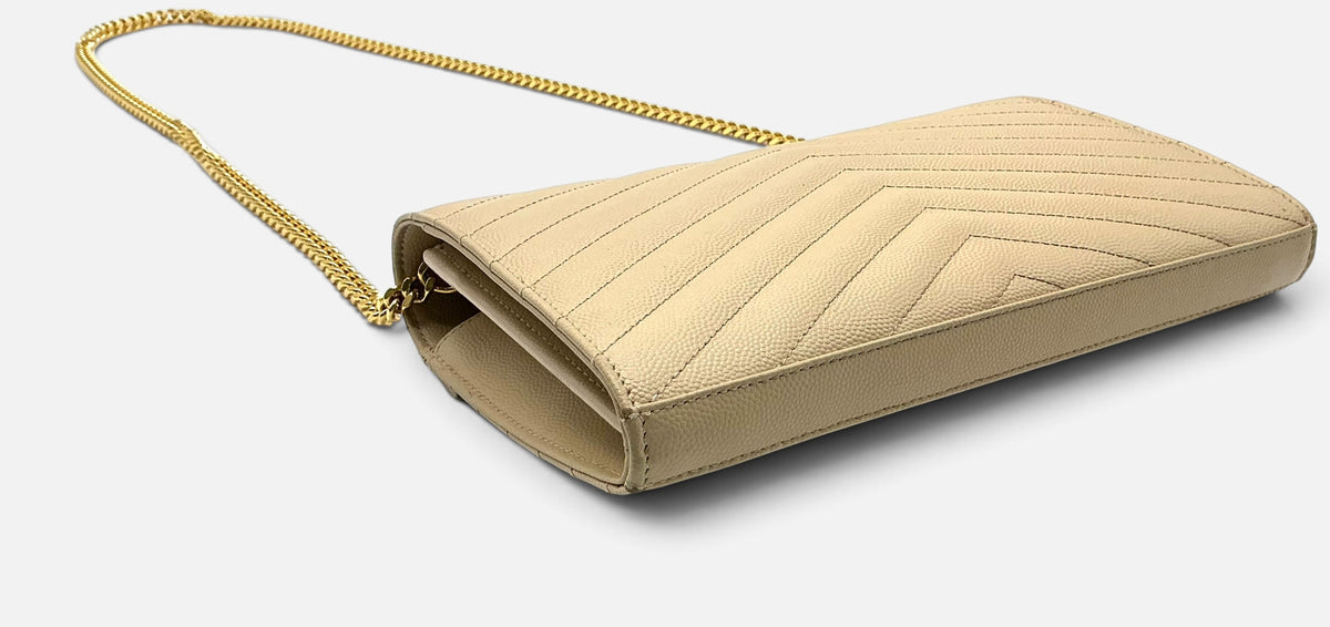 Saint Laurent YSL Cassandre Chain Wallet / Shoulder Bag Grain de Poudre Leather Dark Beige 2022