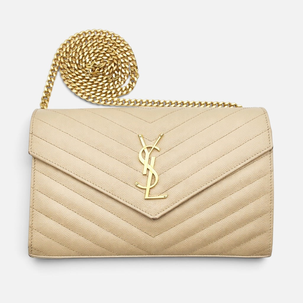 Saint Laurent YSL Cassandre Chain Wallet / Shoulder Bag Grain de Poudre Leather Dark Beige 2022