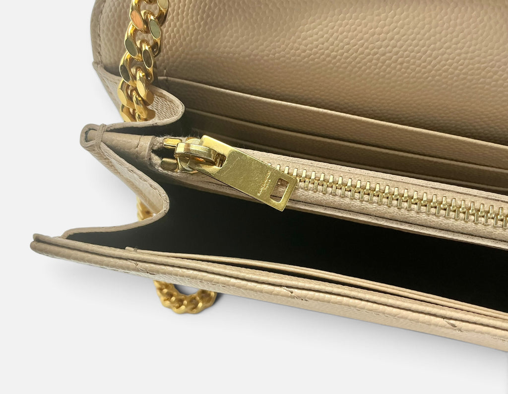 Saint Laurent YSL Cassandre Chain Wallet / Shoulder Bag Grain de Poudre Leather Dark Beige 2022