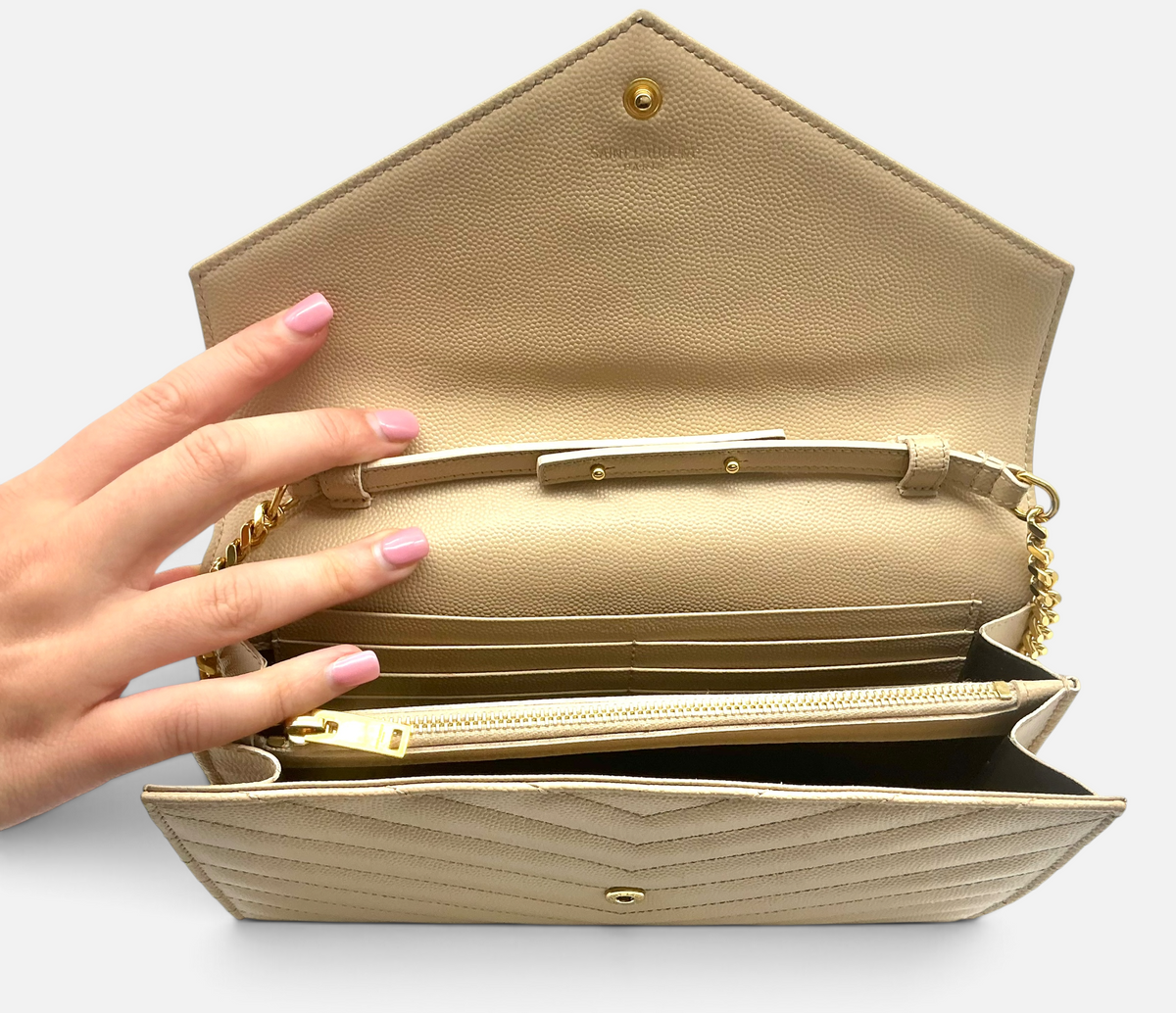 Saint Laurent YSL Cassandre Chain Wallet / Shoulder Bag Grain de Poudre Leather Dark Beige 2022