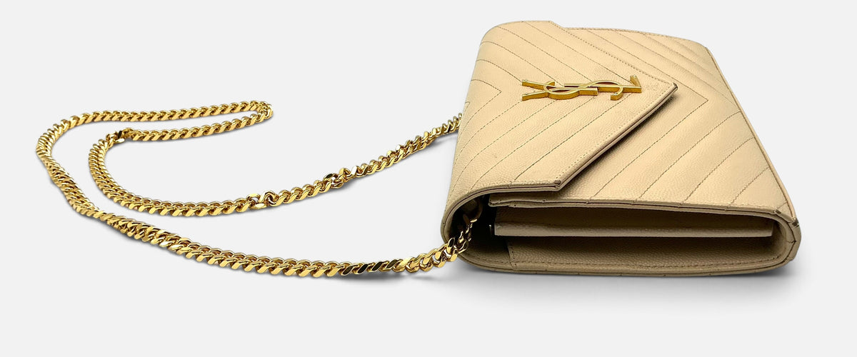 Saint Laurent YSL Cassandre Chain Wallet / Shoulder Bag Grain de Poudre Leather Dark Beige 2022