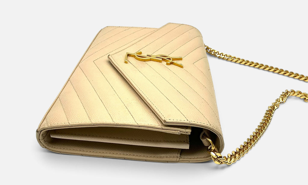 Saint Laurent YSL Cassandre Chain Wallet / Shoulder Bag Grain de Poudre Leather Dark Beige 2022
