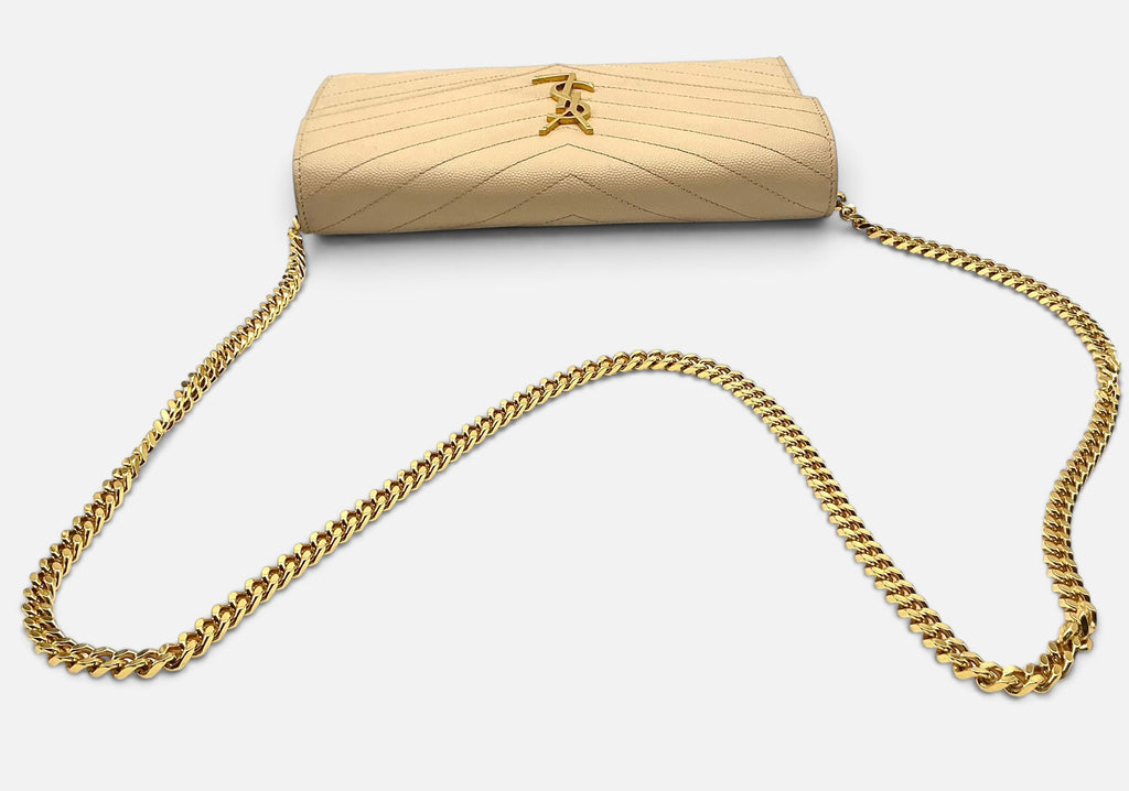 Saint Laurent YSL Cassandre Chain Wallet / Shoulder Bag Grain de Poudre Leather Dark Beige 2022