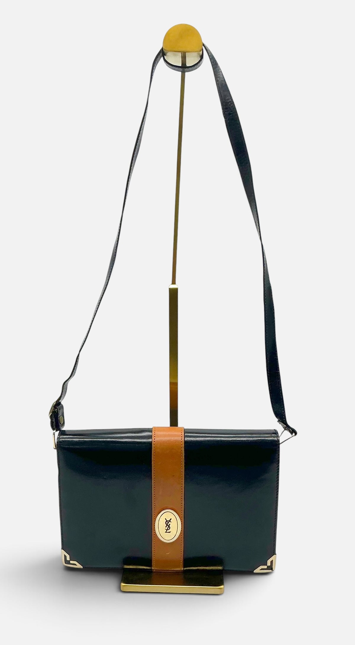 YSL Vintage Leather Envelope Crossbody Handbag – Black Patent & Tan – Medallion