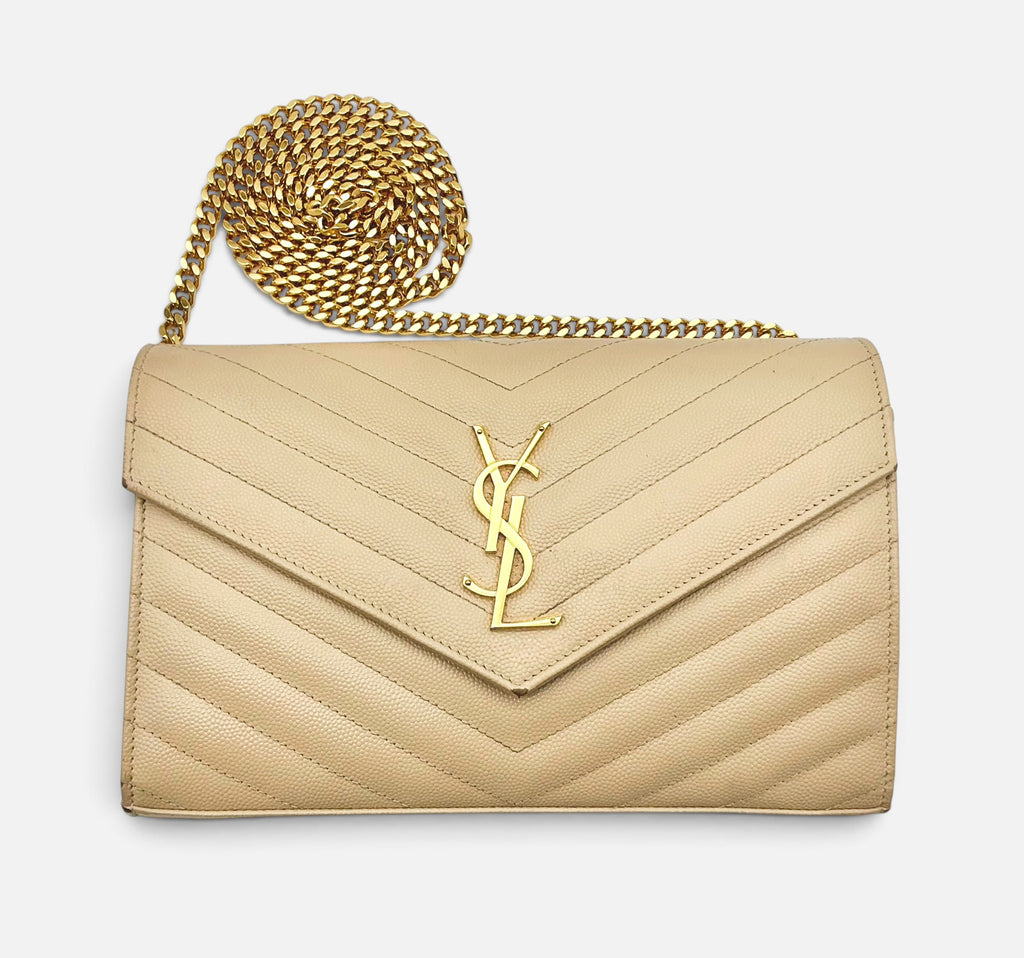 Saint Laurent YSL Cassandre Chain Wallet / Shoulder Bag Grain de Poudre Leather Dark Beige 2022